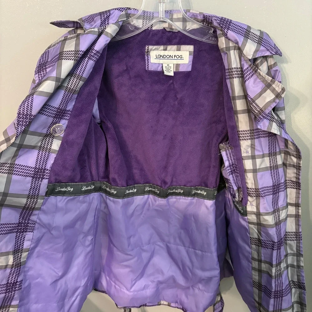 London Fog Kids Purple Grey Plaid Trench‎ Coat Jacket Hooded Belted (Girls 10)